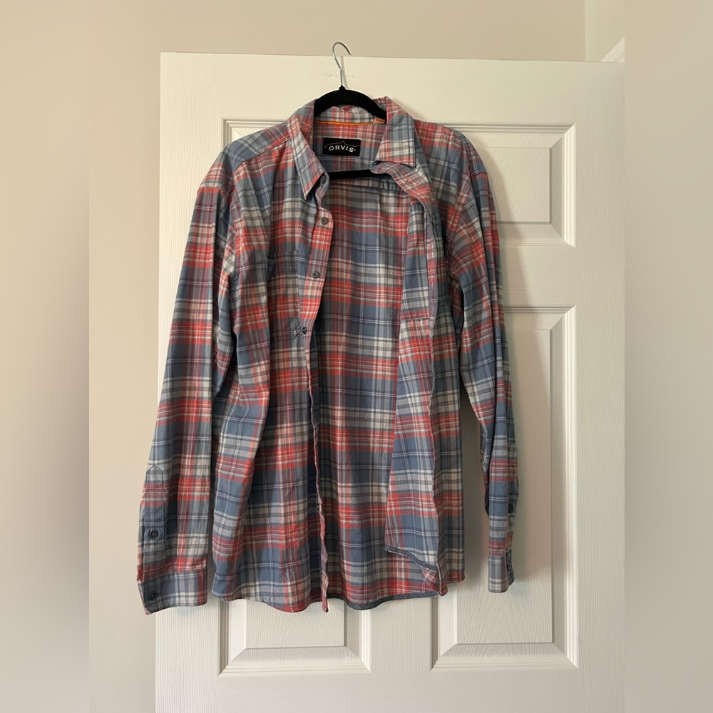 Orvis Plaid Men’s Button Up Long Sleeve Shirt, Blue/Red/Multicolor, L, like new